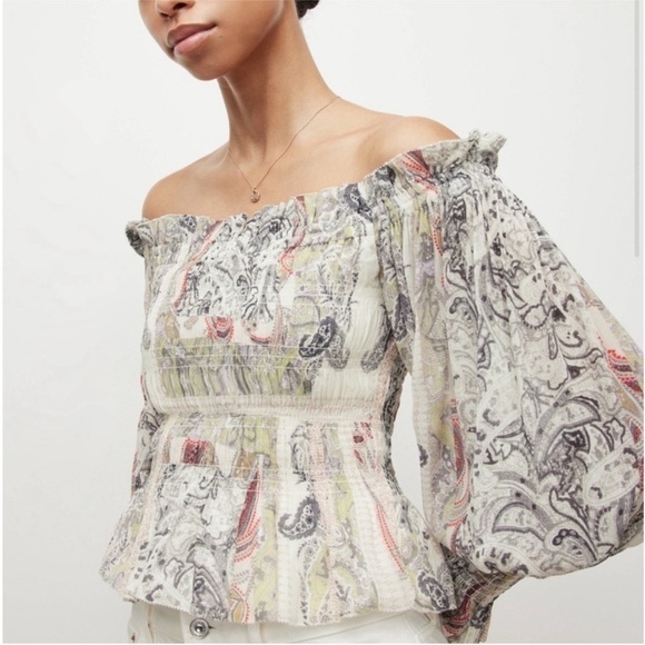 ALL SAINTS Lara Makutu Top Soft Pink Off the Shoulder Shirt Paisley Sz 6 NEW